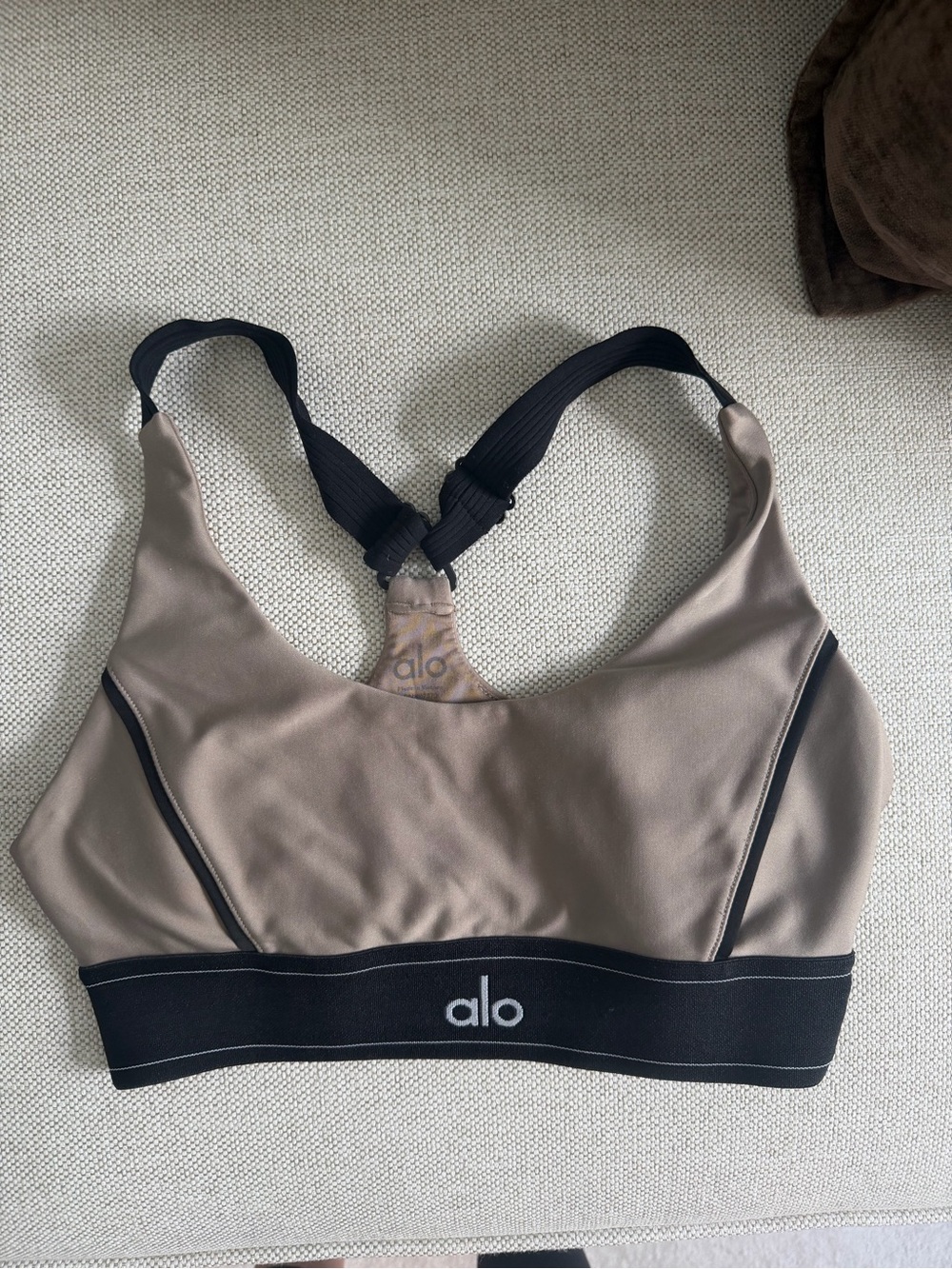 ALO Taupe Sports Bra with Black Band and Straps